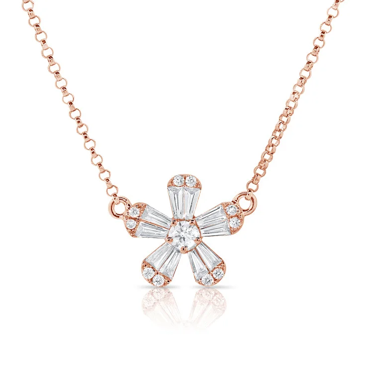 Artistic Silver Necklaces-14K Rose Gold Diamond Petite Flower Necklace