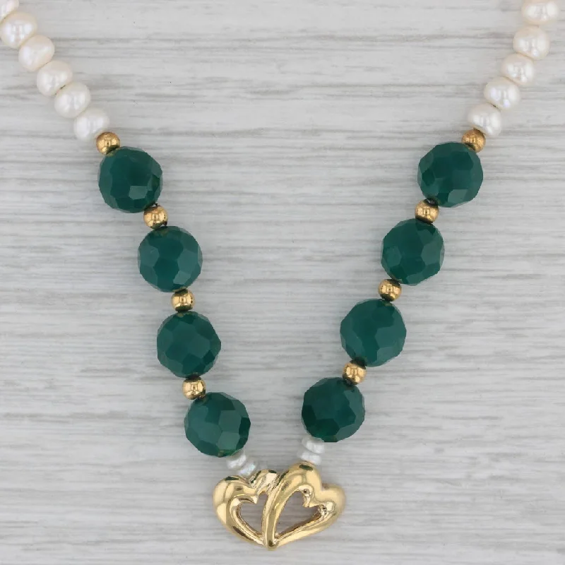 Long Necklaces-Green Chalcedony Cultured Pearl Strand Heart Necklace 18k Yellow Gold 17.25"