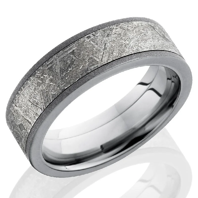 Round Diamond Rings-Lashbrook 7mm Titanium Men's Flat Wedding Band Ring with Meteorite Inlay