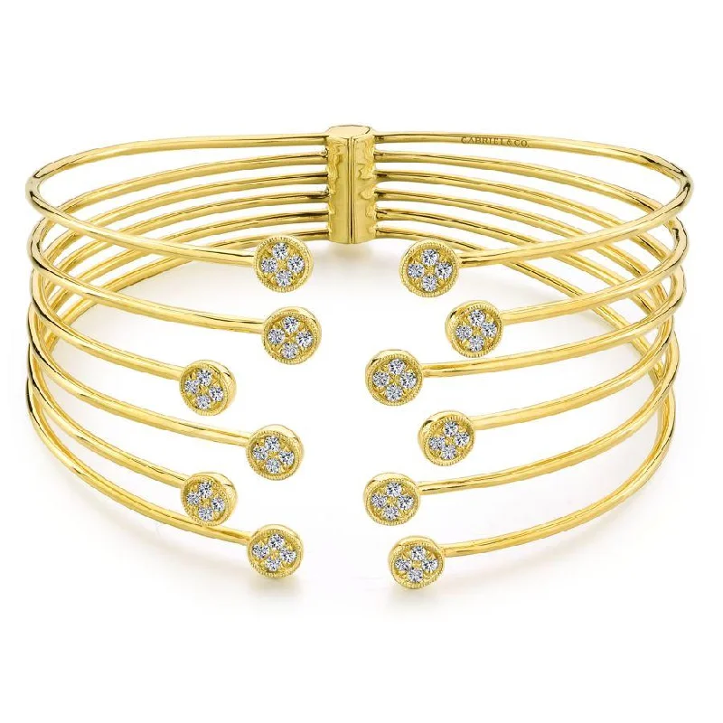 Heavy Bangles-Gabriel & Co. - BG4011Y45JJ - Open 14K Yellow Gold Bangle with Round Pavâ€š Diamond Endcaps