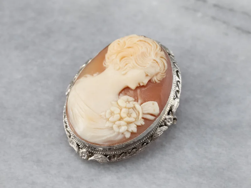 Chic Floral Brooch-Art Deco Cameo White Gold Brooch Pendant