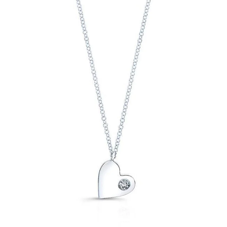 Gemstone Pendant Necklaces-14K White Gold Solid Heart Pendant with Diamond