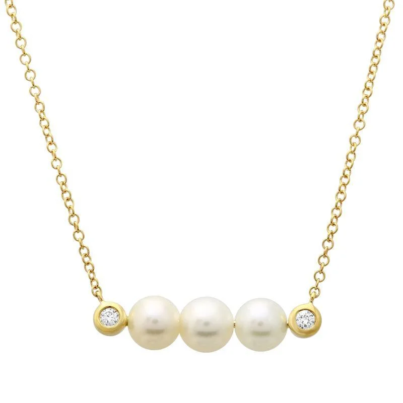 Gold Gemstone Necklaces-14K Yellow Gold Diamond and Pearl Bar Necklace