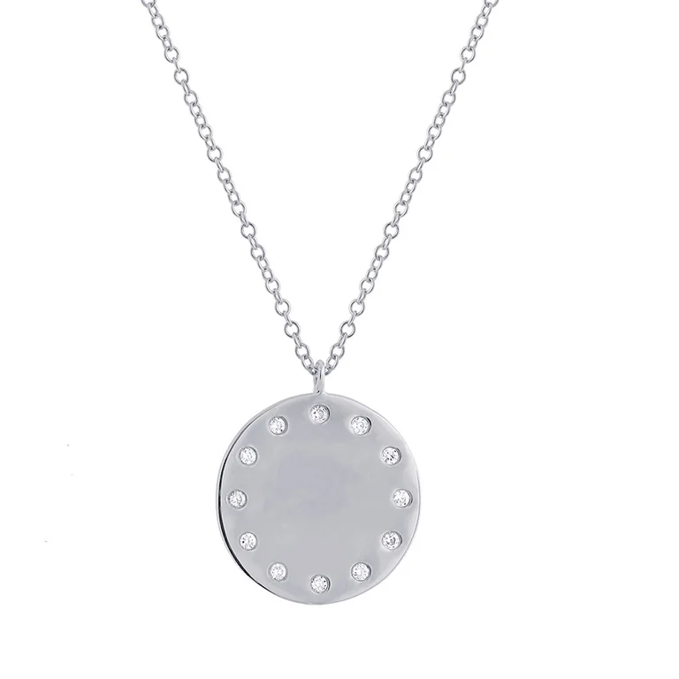 Pave Diamond Necklaces-14K White Gold Diamond Engravable Polished Disc Pendant