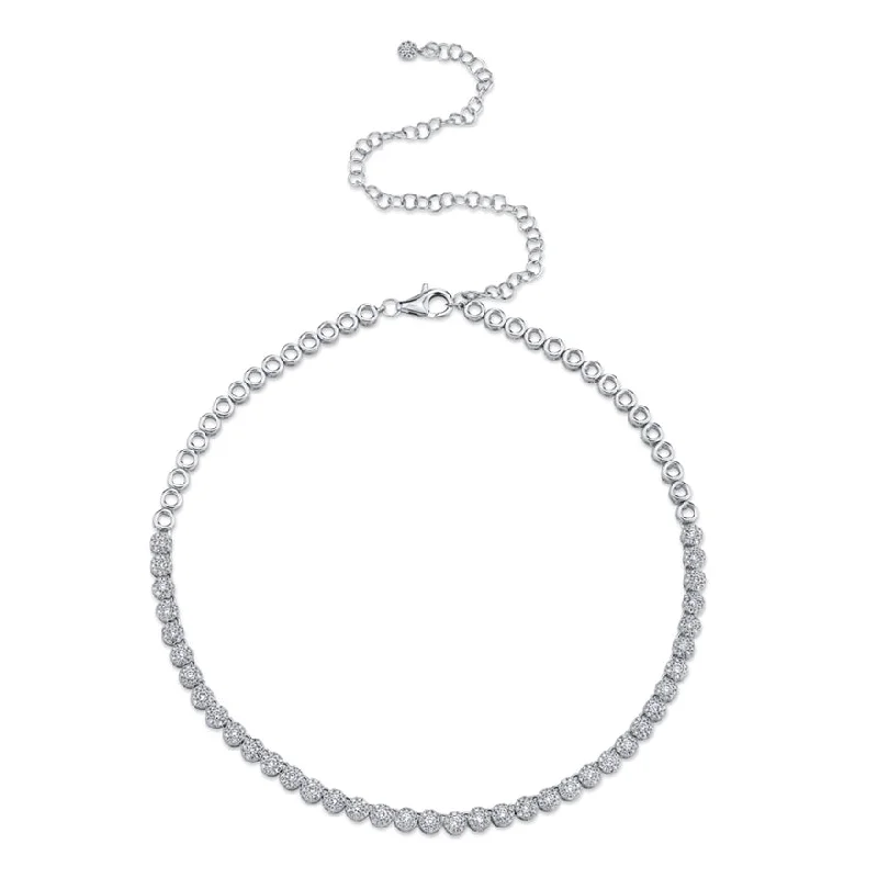 Silver Leaf Necklaces-14K White Gold Halo Diamond Choker Tennis Necklace