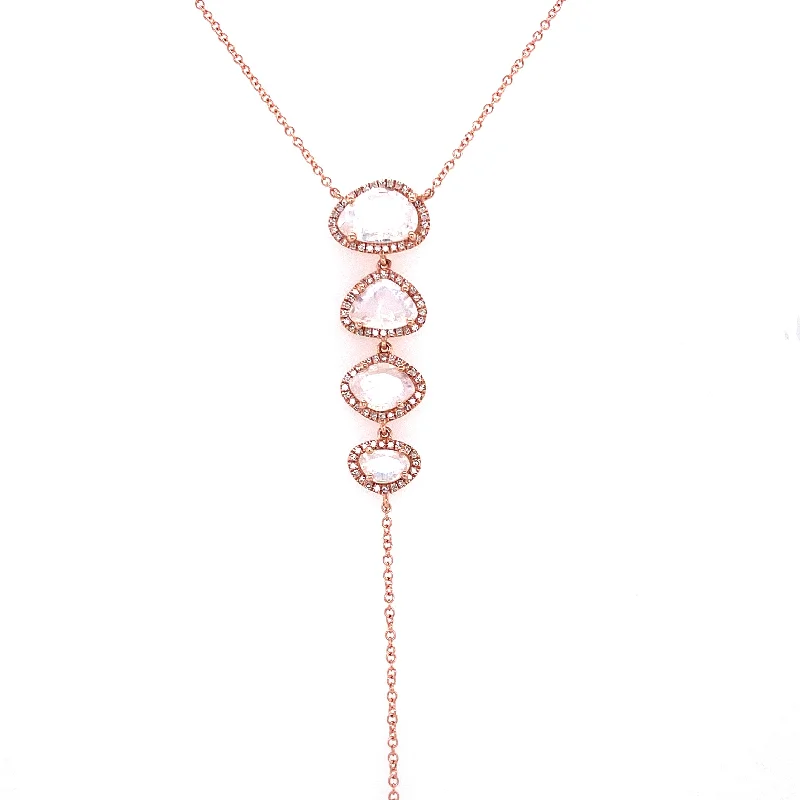 Mixed Metal Necklaces-14K Rose Gold Diamond + Rainbow Moonstone Lariat Necklace