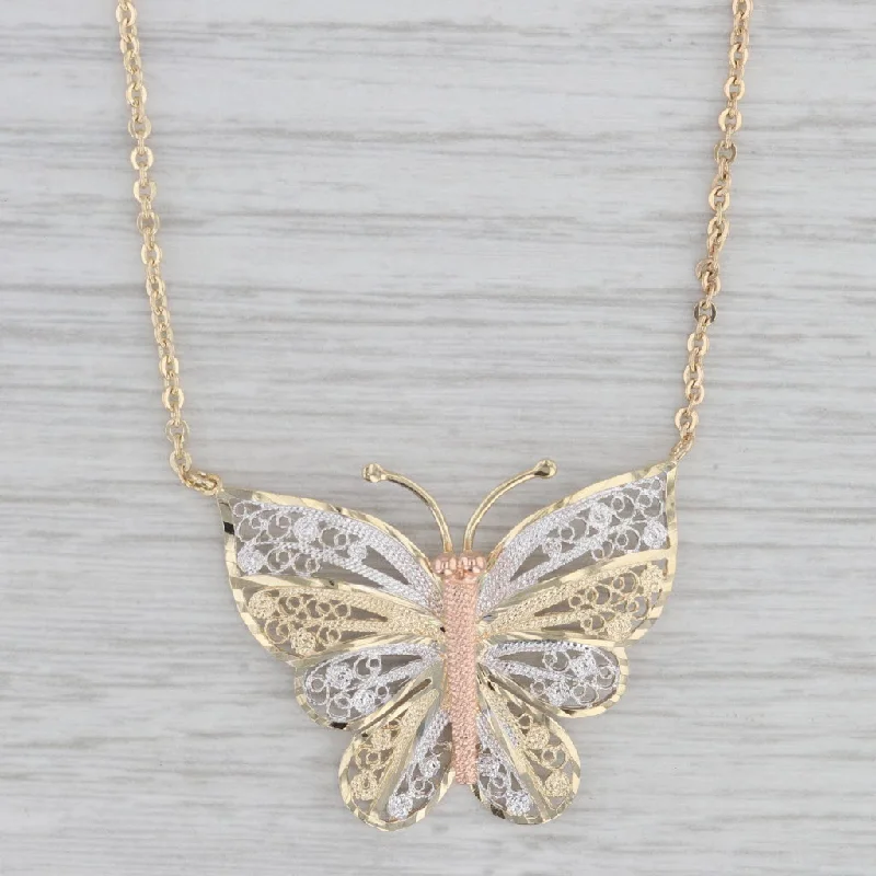 Pendant Necklaces-Filigree Butterfly Pendant Necklace 14k Yellow Rose White Gold 16.75" Chain