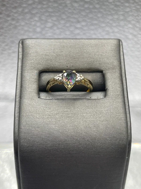 Gold Solitaire Rings-Ladies 10 Karat Solid Yellow Gold Diamond and Mystic Topaz Ring