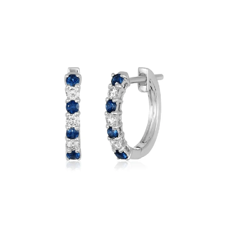 Colorful Stud Earrings-Blue Sapphire & Diamond Small Hoops