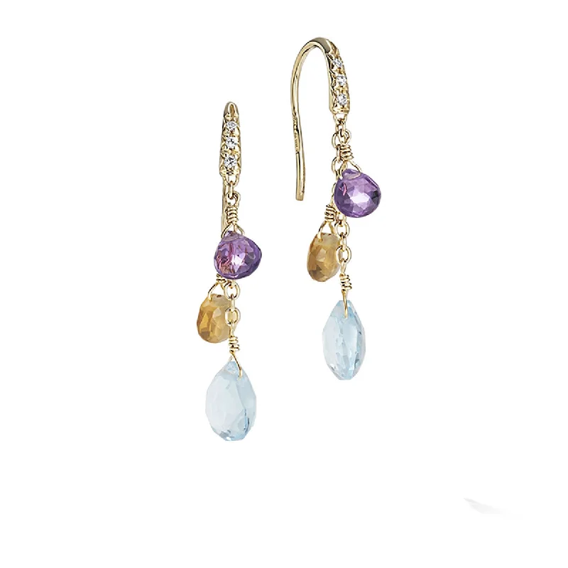 Statement Earrings-18K Yellow Gold Diamond and Mixed Gemstone Short Drop Earrings