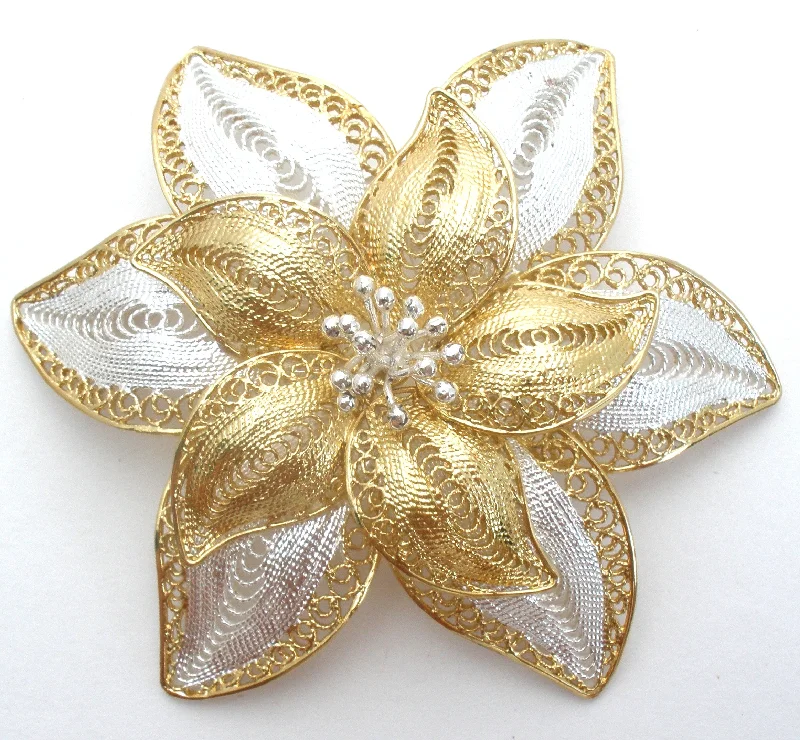 Cute Animal Brooch-Sterling Silver &  Gold Filigree Flower Brooch Vintage