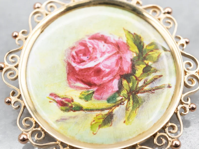 Dazzling Gold Brooch-Vintage Painted Porcelain Krementz Flower Brooch