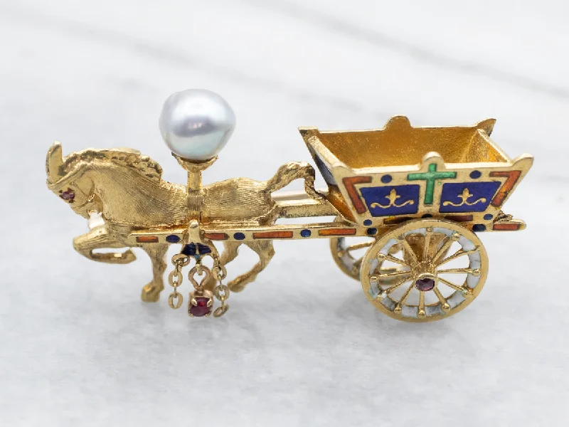 Brooch for Scarf-Yellow Gold Enamel and Pearl Horse and Carriage Brooch