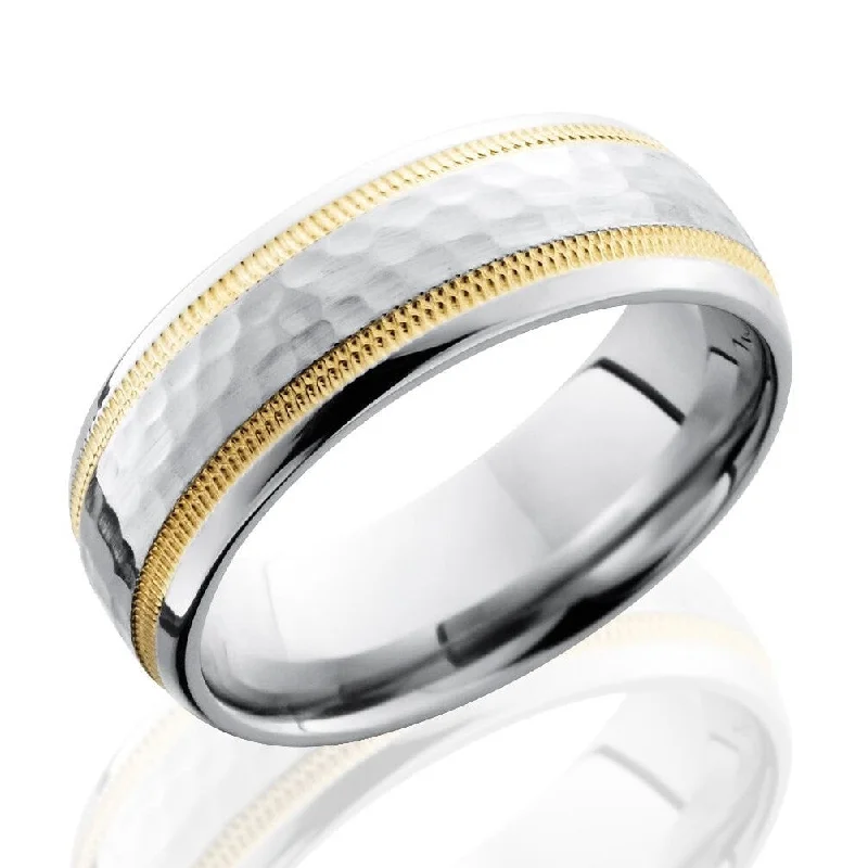 Three-Stone Rings-Lashbrook 7mm Cobalt Chrome Men's Domed Hammered Wedding Band Ring with Yellow Gold