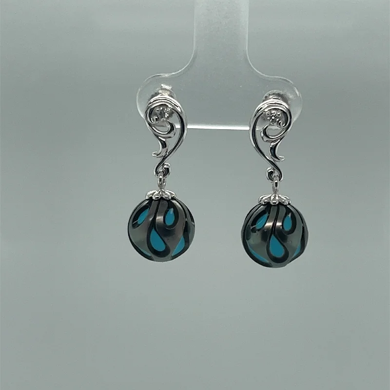 Swarovski Earrings-Galatea Black South Sea Pearl and Turquoise Diamond accent Dangle Earrings