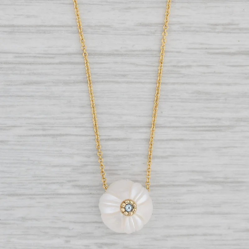 Custom Gold Necklaces-New Galatea Daffodil Flower Cultured Pearl Aquamarine Pendant Necklace 14k Gold