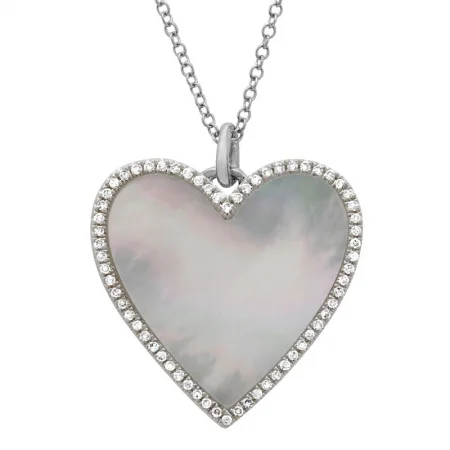 Zodiac Necklaces-14K White Gold Diamond + Mother of Pearl Large Heart Necklace