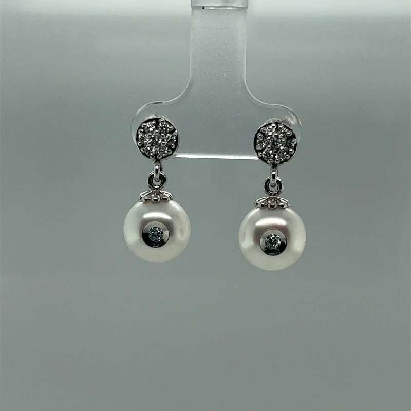 Classic Hoop Earrings-Galatea White Button Pearl and Diamond Dangle Earrings