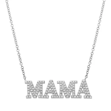 Oval Necklaces-14k White Gold Mama Diamond Necklace