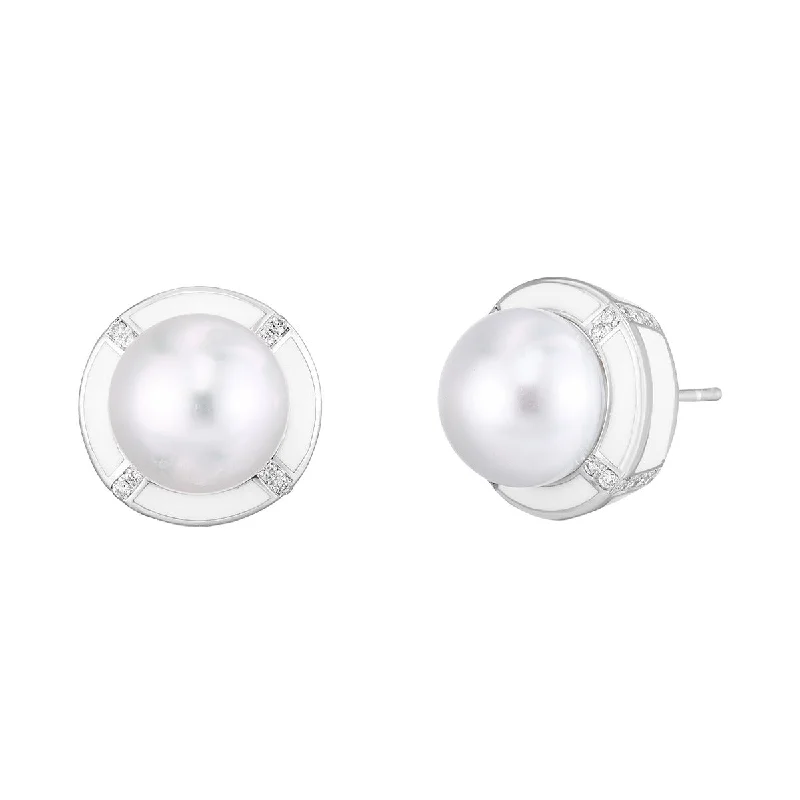 Beautiful Earrings-South Sea Pearl and Diamond Stud Earrings with Ceramic White Enamel