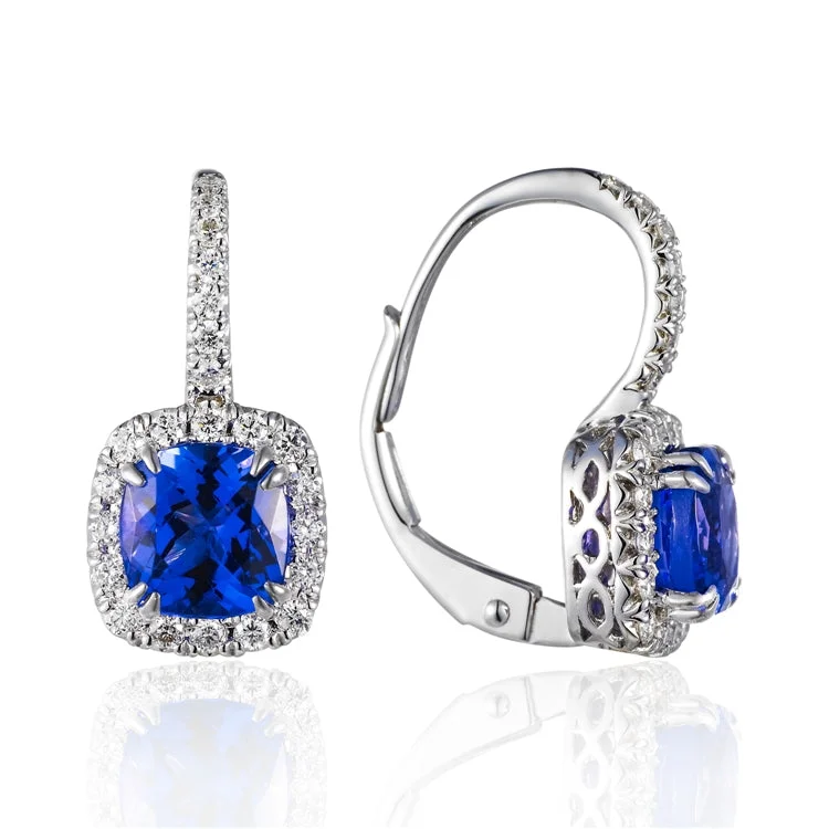 Geometric Earrings-Luvente 14k Tanzanite and Diamond Halo Earrings E02844