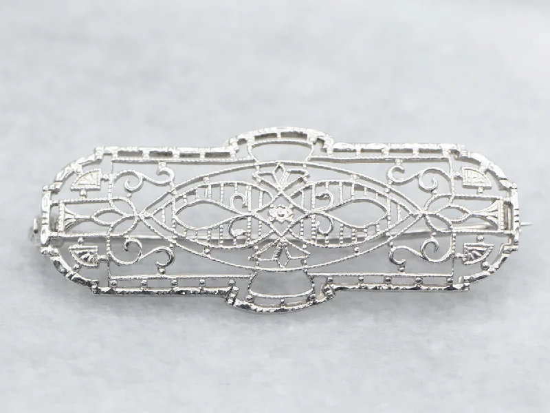 Custom Brooch Pins-White Gold Art Deco Filigree Brooch