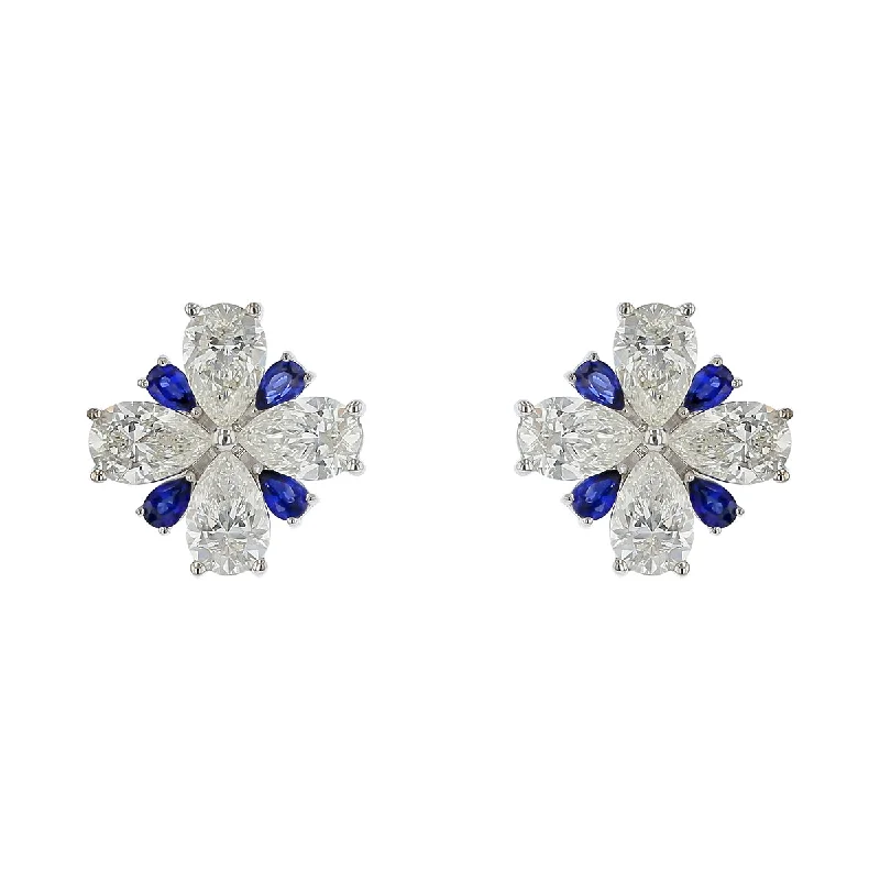 Blue Earrings-Scallop Jubilee Pear Shape Sapphire and Diamond Earrings in 18K White Gold