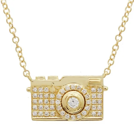 Short Necklaces-14K Yellow Gold Camera Diamond Necklace