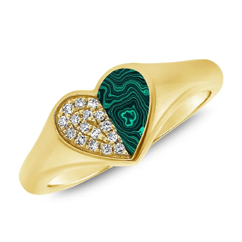 Unique Rings-Heart of Elegance Pinky Ring with Malachite and Diamonds in 14K Gold