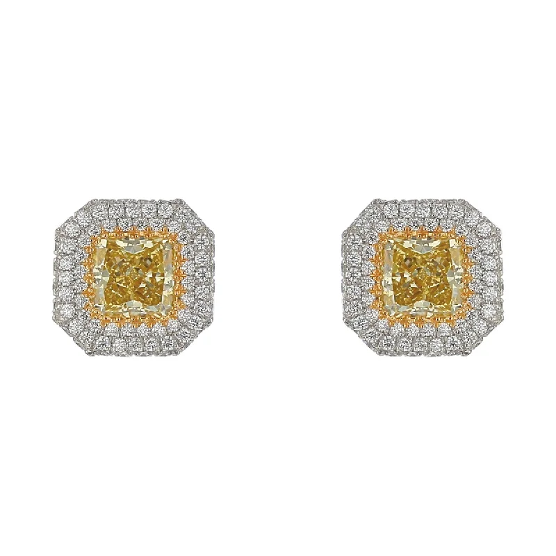 White Pearl Earrings-Pave Radiant Diamond and Diamond Stud Earrings in Platinum and 18K Yellow Gold