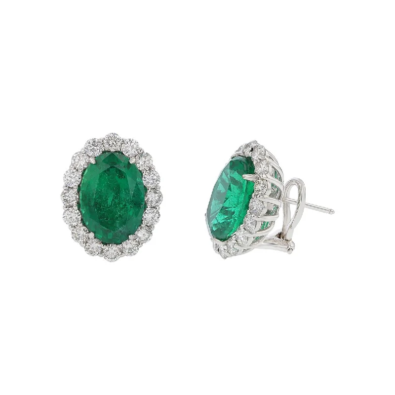 Elegant Drop Earrings-Oval Emerald and Diamond Halo Stud Earrings