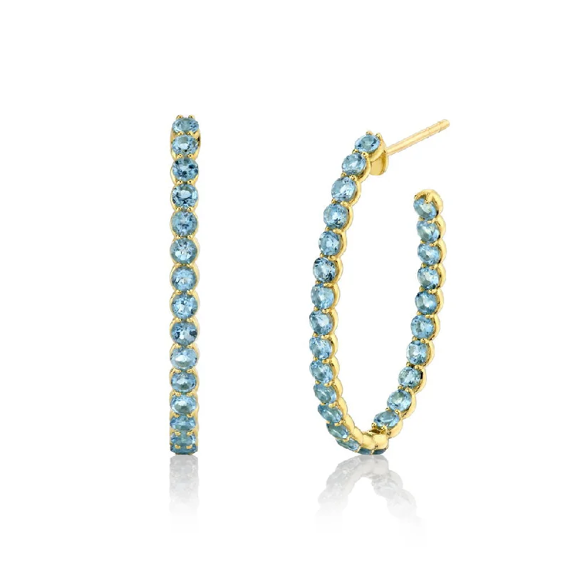 Gold Dangling Earrings-18k Yellow Gold Swiss Blue Topaz 30mm Hoops