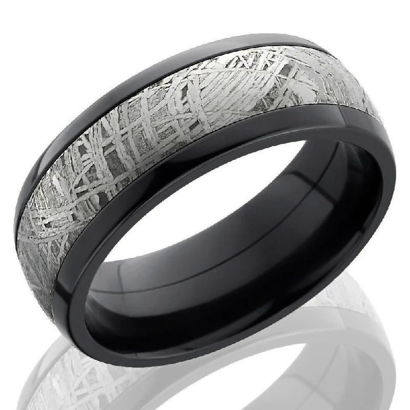 Signet Rings-Lashbrook 8mm Black Zirconium Domed Men's Wedding Band Ring with 5mm Meteorite Inlay