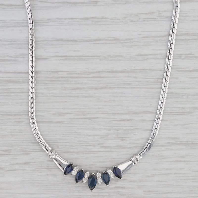 Gold Gemstone Necklaces-1.34ctw Blue Sapphire Diamond Necklace 14 White Gold 16.75" Herringbone Chain