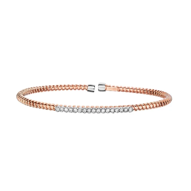 Minimalist Bangles-14Kt Rose+White Gold 3mm Shiny 0.17Ct 1 Pointer Faceted Round Diamond Bar Element On Wire Textured Fancy Flexable Cuff Type Bangle PN3794