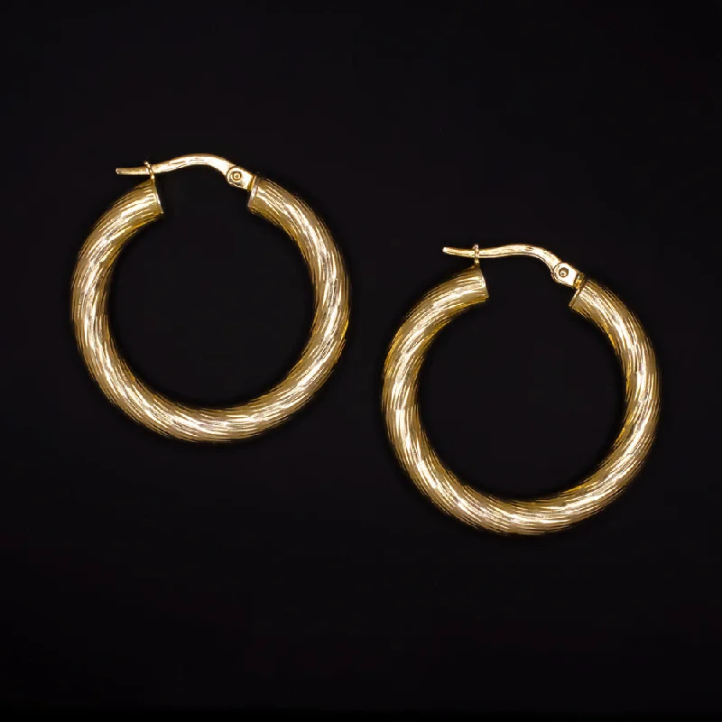 Tribal Earrings-SOLID 14K YELLOW GOLD ITALIAN HOOP EARRINGS 1in CLASSIC THICK TEXTURED JEWELRY