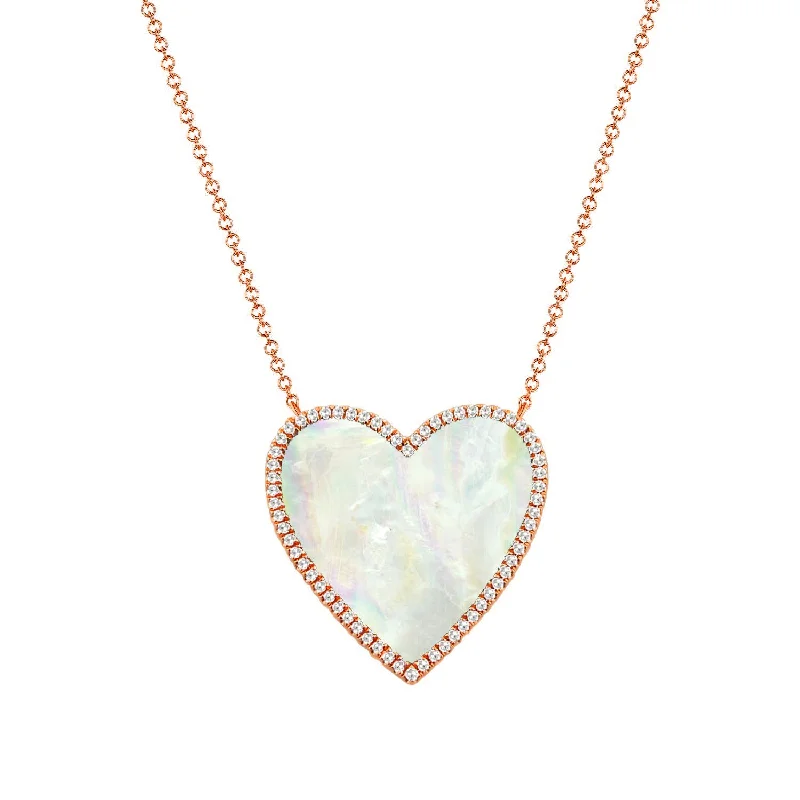 Customizable Necklaces-14K Rose Gold Diamond + Mother Of Pearl Large Heart  Necklace