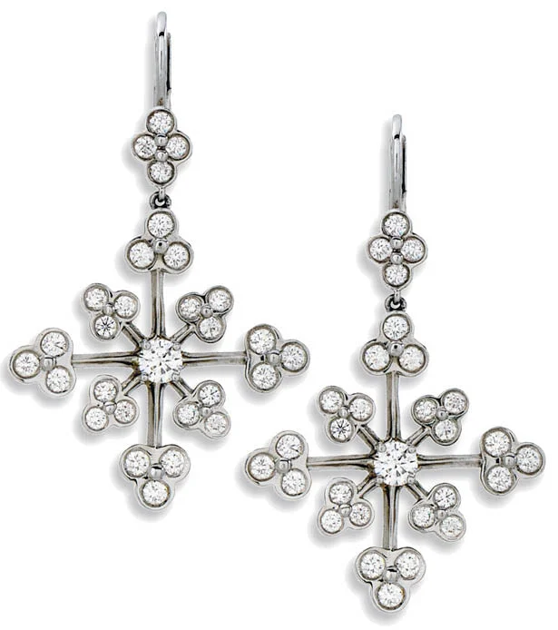 Statement Earrings-PLATINUM 2 RB DIAMONDS=0.33CTS AND 56 FULL CUT DIAMONDS=1.50CTS LACE SNOWFLAKE DESIGN DROP EARRINGS