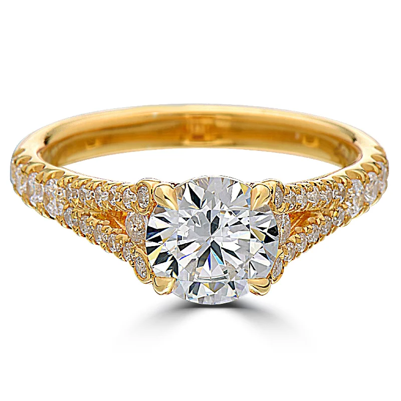 Engraved Wedding Bands-Point of Love Round Brilliant 1.5 Carat Diamond Split Shank 18K Yellow Gold Engagement Ring