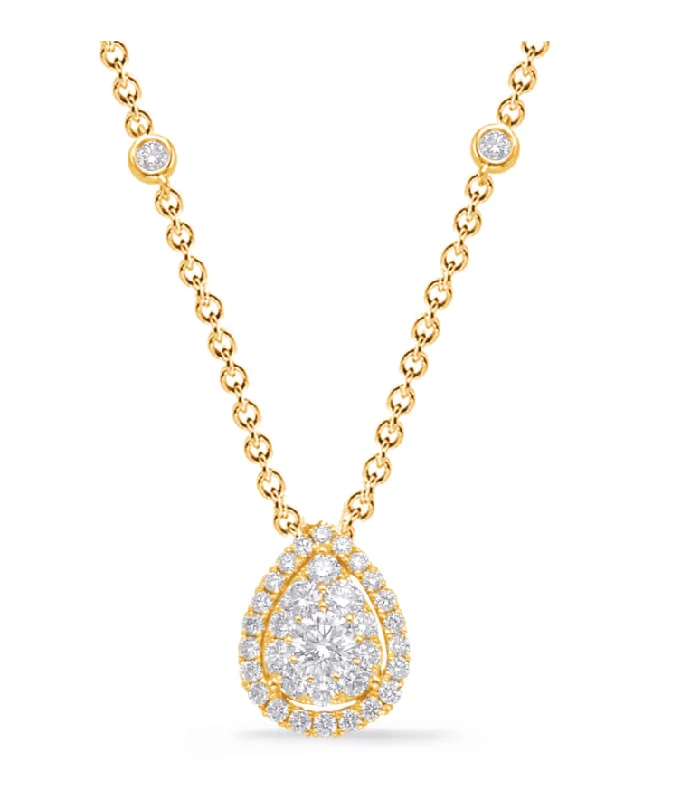 Fashion Pendant Necklaces-14K Yellow Gold Fancy Pear Diamond Cluster Necklace