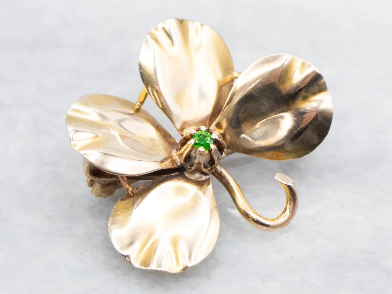 Geometric Gold Brooch-Antique Four Leaf Clover Green Garnet Brooch