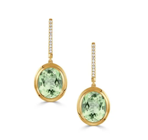 Silver Drop Earrings-Mint Mojito 4.85Ct Green Amethyst and 0.11Ct Diamond Drop Earrings in 18k Yellow Gold