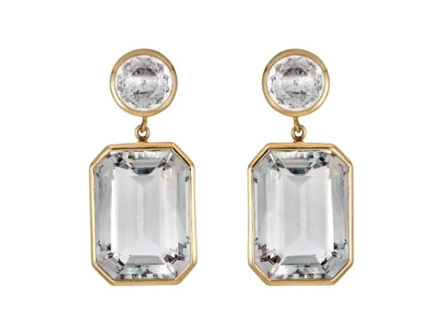 Beige Earrings-18k Yellow Gold White Topaz Bezel Drop Earrings