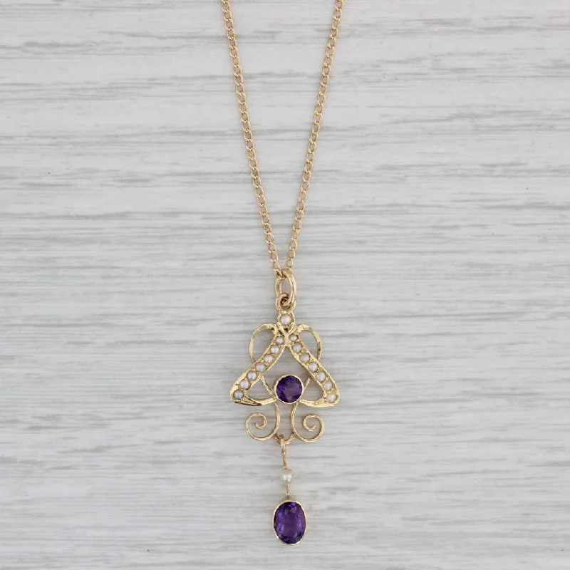 Faux Pearl Necklaces-Vintage Church & Co Amethyst Pearl Lavalier Pendant Necklace 14k Gold 17"