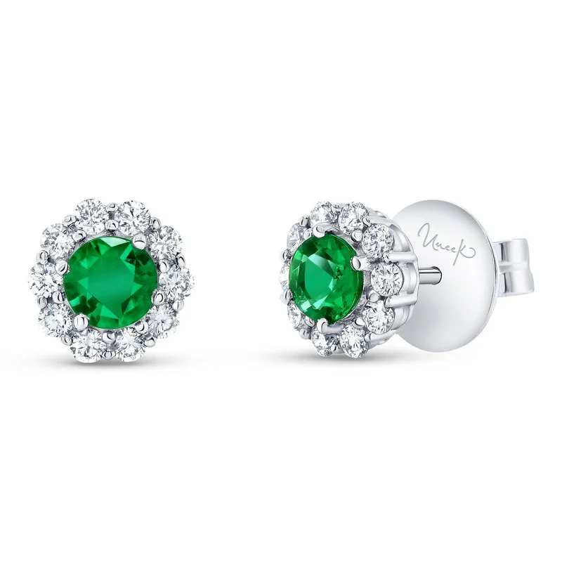 Ethnic Earrings-Round Emerald and Round Diamond Stud Earrings in 18K White Gold