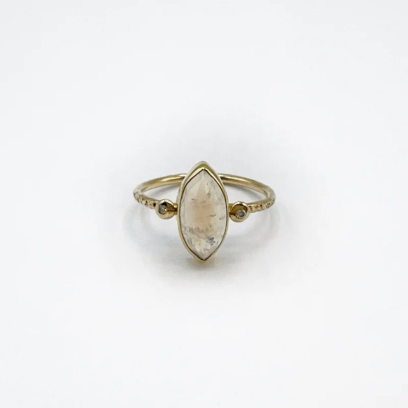 Fashion Rings for Women-14 Karat Yellow Gold Hammered Marquise Moonstone Ring