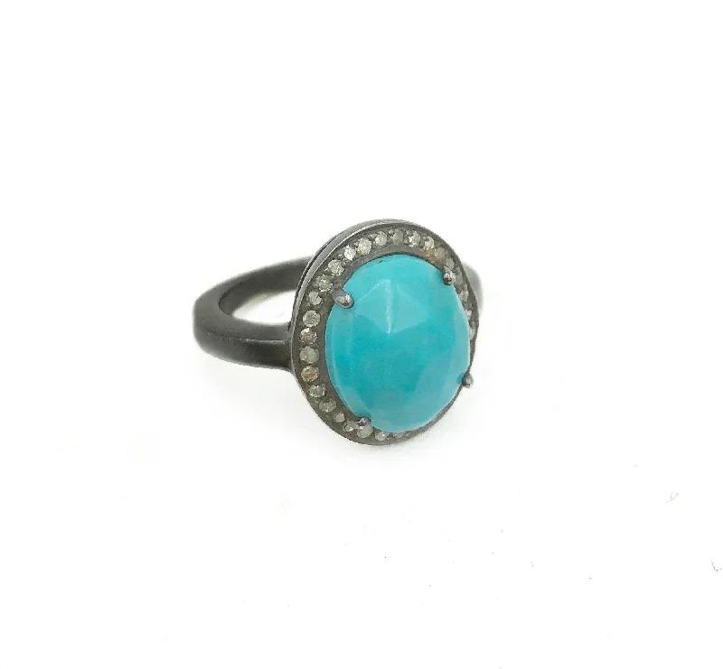 Solitaire Diamond Rings-Turquoise and Diamond Oxidized Sterling Silver Ring