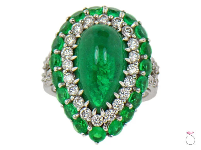 Personalized Wedding Rings-5.82ct Pear Shape Colombian Emerald & Diamond Double Halo Ring in 18K