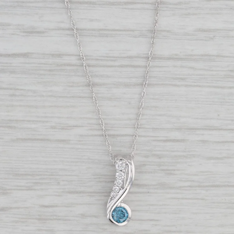 Gold Necklaces-0.24ctw Blue White Diamond Pendant Necklace 10k White Gold 18" Rope Chain