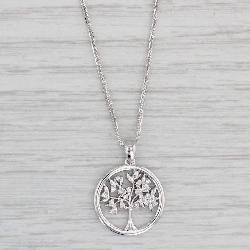 Pearl Necklaces-New Diamond Tree of Life Pendant Necklace 14k White Gold 15.5-17.5" Curb Chain